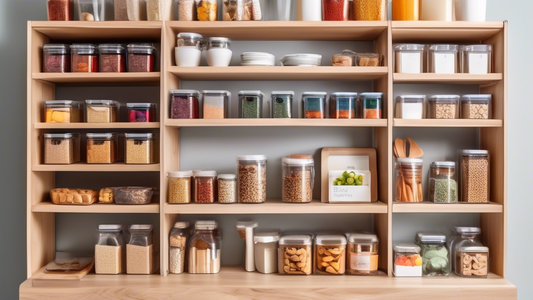 A pantry organization system using modular tray inserts with clear fronts and customizable configurations, featuring an organized arrangement of various food items and kitchen essentials.