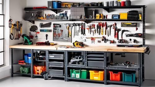 A well-organized garage workbench with drawers, shelves, and pegboards, containing various tools and equipment such as wrenches, screwdrivers, hammers, pliers, saws, drills, sandpaper, and paint brush