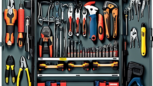 A realistic image of an over-the-door tool and equipment organizer filled with various tools and equipment, such as hammers, screwdrivers, wrenches, pliers, and other hardware. The organizer should be