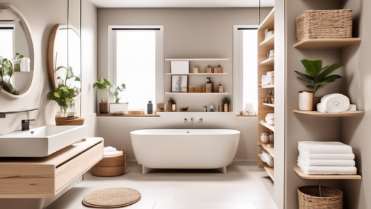 Create an image of an organized and functional bathroom with adjustable shelves that maximize storage space. The shelves should be filled with various bathroom items, such as towels, toiletries, and b