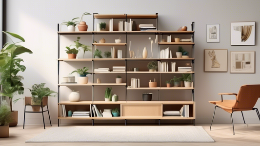An image of a modern and stylish modular shelving system in a living room. The shelves are made of light wood and metal, and they are arranged in a variety of configurations to create a unique and fun
