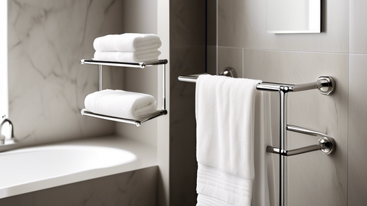 A sleek and modern bathroom with a pull-out towel rack. The rack is made of polished nickel and has three tiers, each with a different size towel. The towels are white and fluffy, and they are folded 