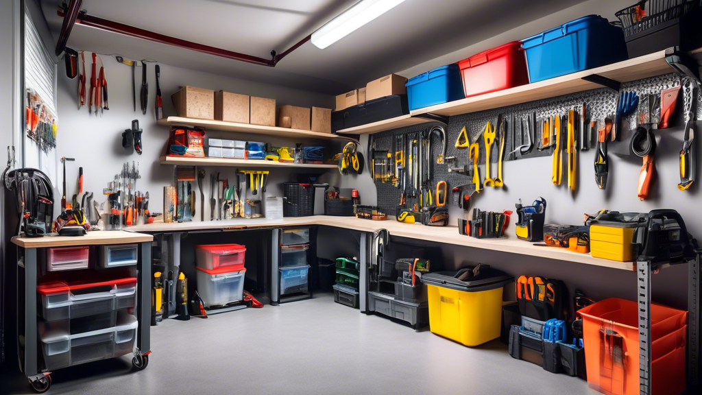 A well-organized garage with hanging shelves, clear storage bins, tool racks, and a designated workspace, creating a clutter-free and efficient space