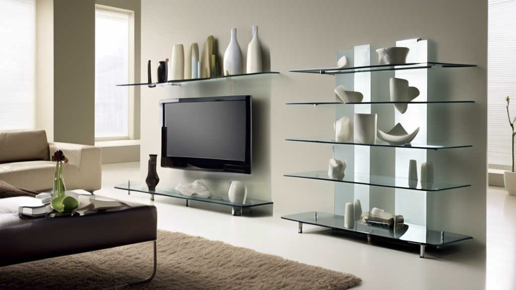 Create an image of a sleek, modern living room with adjustable glass shelving. The shelving unit should be contemporary and stylish, showcasing its versatility and functionality. The room should embody a sense of space and light, with the glass shelv