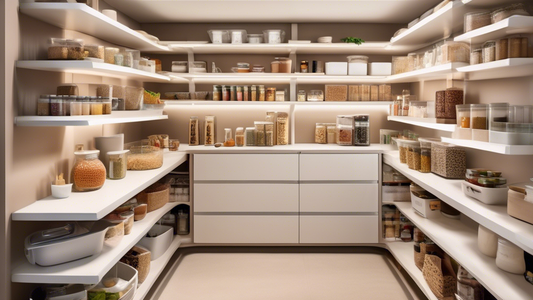 An image of a kitchen pantry with adjustable shelves, featuring various sizes and shapes of containers and food items neatly organized on the shelves. The shelves are easily adjustable to accommodate 