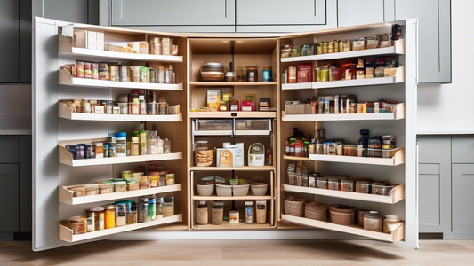 An organized kitchen pantry with pull-down shelves that maximize corner storage, featuring efficient use of space and easy access to items at the back of the cabinet