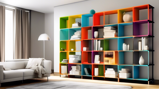 Create an image of a versatile shelving unit that can be adjusted and customized to fit various spaces and purposes, showcasing its adaptability and functionality. The shelving unit should be shown in a modern and minimalist design, with different co