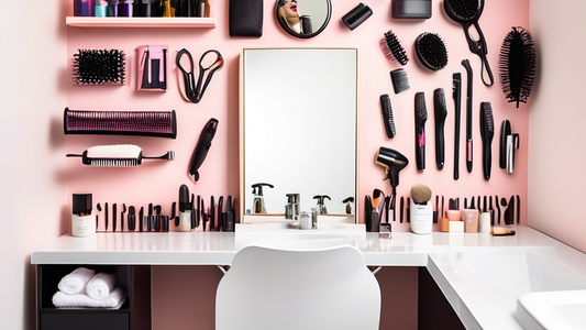 A bathroom vanity with an over-the-door organizer filled with hair tools, including a blow dryer, curling iron, and hairbrush. The vanity is clean and organized, and the hair tools are neatly arranged