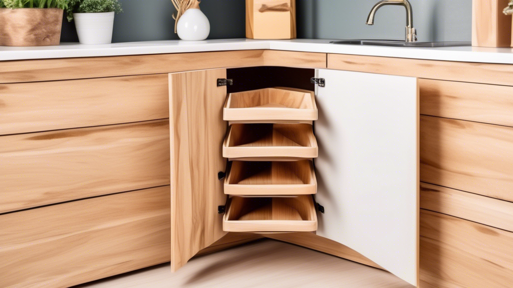 An organized corner cabinet with pull-out bins in natural wood