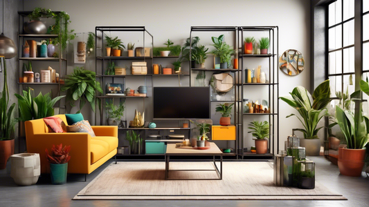 Create an image of a modern industrial living room featuring adjustable metal shelving units filled with stylish decor and plants, showcasing how incorporating this versatile storage solution can elevate the space's aesthetic.