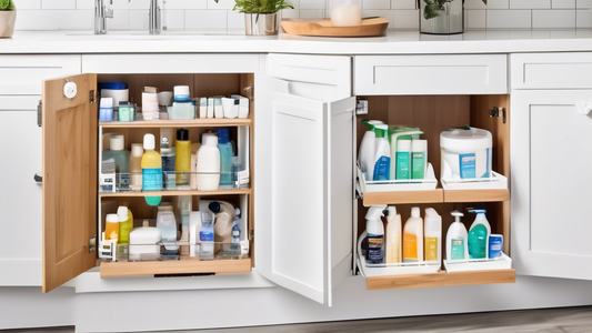 An organized under-sink cabinet with adjustable dividers to maximize space utilization, featuring pull-out drawers and shelves for easy access to cleaning supplies, featuring a modern and sleek design