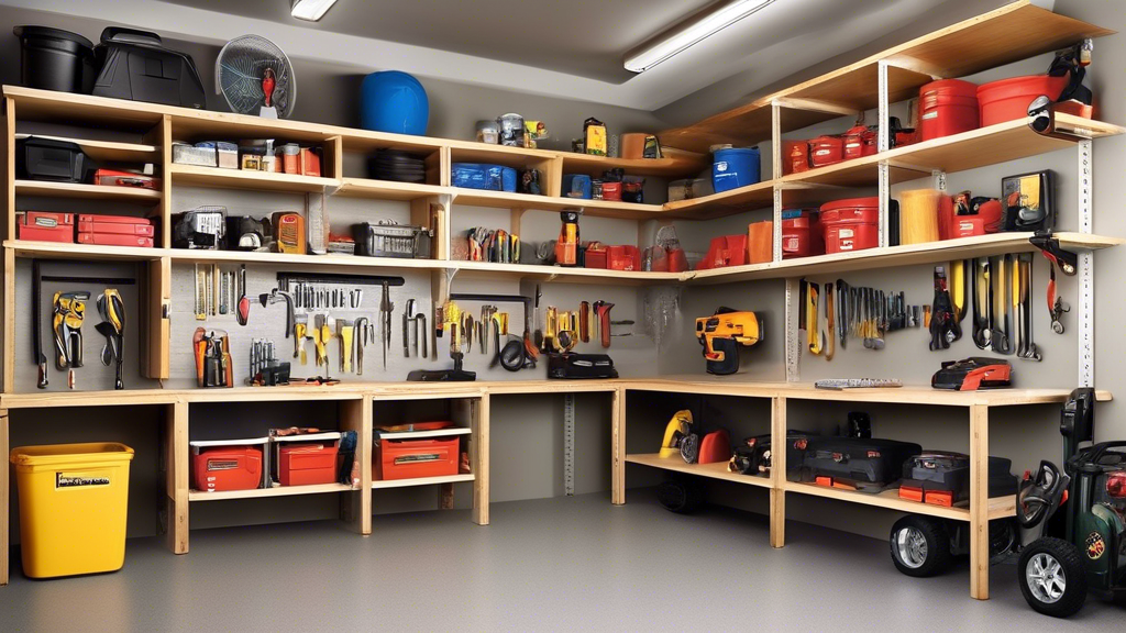 Create an image of a well-organized garage with custom shelving systems designed to store and organize a variety of tools and gear, including power tools, hand tools, sports equipment, automotive supp