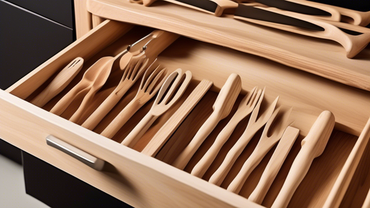 A set of drawer dividers made of natural wood, adjustable in length, with a smooth finish and subtle branding. The dividers are placed in a drawer filled with utensils to demonstrate their functionali