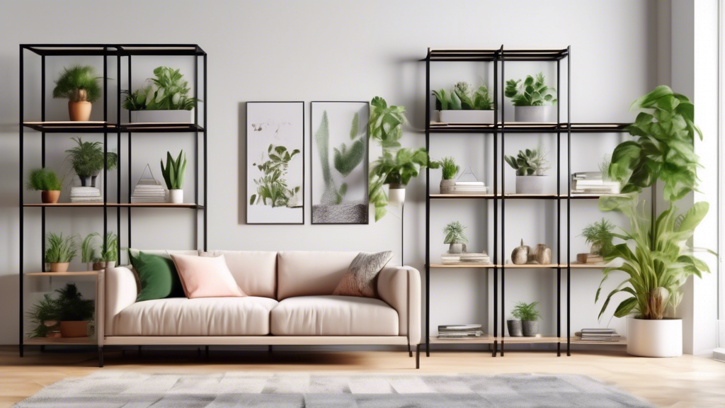 Create an image of a modern living room with sleek and functionality designed adjustable metal shelving units showcasing various decor items, plants, and books, illustrating the benefits and versatility of using adjustable metal shelving in a home en