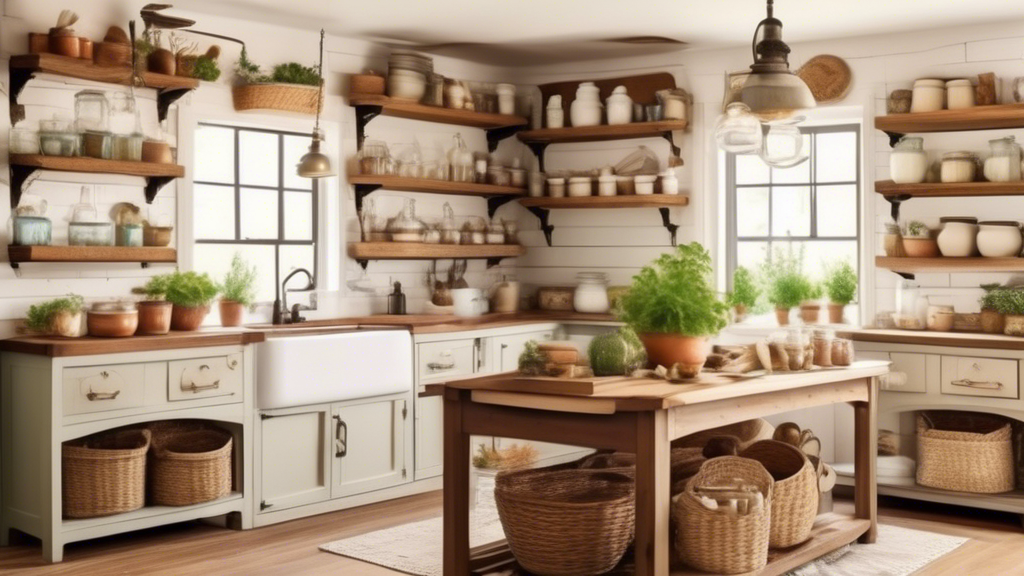 Create an image of a cozy farmhouse kitchen with rustic shelves displaying a variety of decorative items such as vintage mason jars, enamel pitchers, woven baskets, and potted herbs. The shelves should be made of reclaimed wood and adorned with simpl