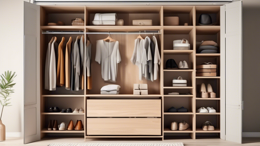 A photorealistic image of a well-organized closet with DIY shelves. The shelves are made of various materials, such as wood, metal, and fabric, and they are customized to fit the specific needs of the