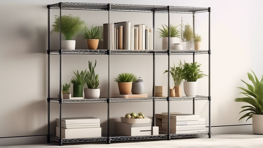 Create an image of a sleek and modern industrial-style adjustable wire shelving unit in a practical storage setup. The shelves should be adjustable to showcase versatility, with plenty of space and organization for various items such as books, plants