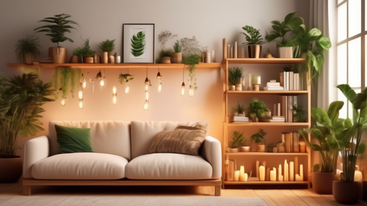 Create an image of a cozy living room with adjustable wooden shelving filled with plants, books, and candles. The room should have warm lighting and inviting decor to highlight the versatility and charm of adjustable wooden shelving in creating a coz