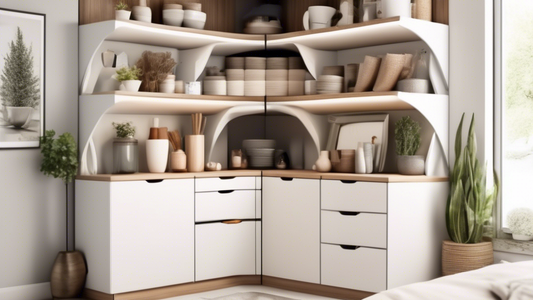 An organized and functional corner cabinet with clever storage solutions and space-saving ideas, such as shelves, drawers, Lazy Susans, and hanging baskets. The cabinet should have both open and close