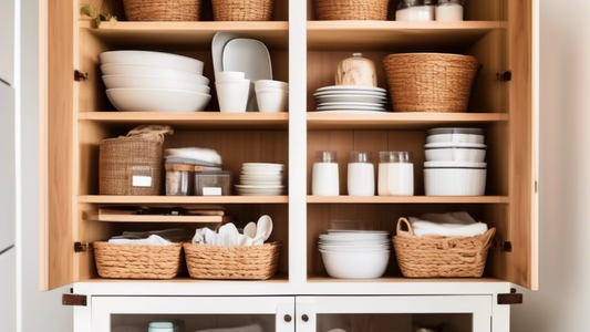 A perfectly organized corner cabinet with labeled baskets and stacked items, containing various kitchen supplies and utensils, bathed in warm, natural light.