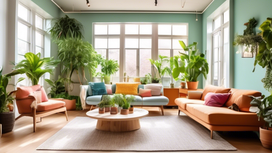 A living room with large windows that let in lots of natural light, with comfortable seating and plants in the corners