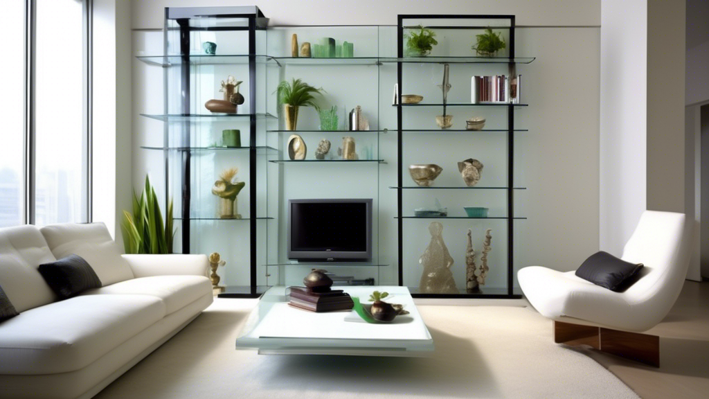 Create an image of a modern, sleek living room with adjustable glass shelving displaying a variety of decorative items such as plants, books, and sculptures. The shelves should demonstrate versatility in design by showcasing how they can be easily ad