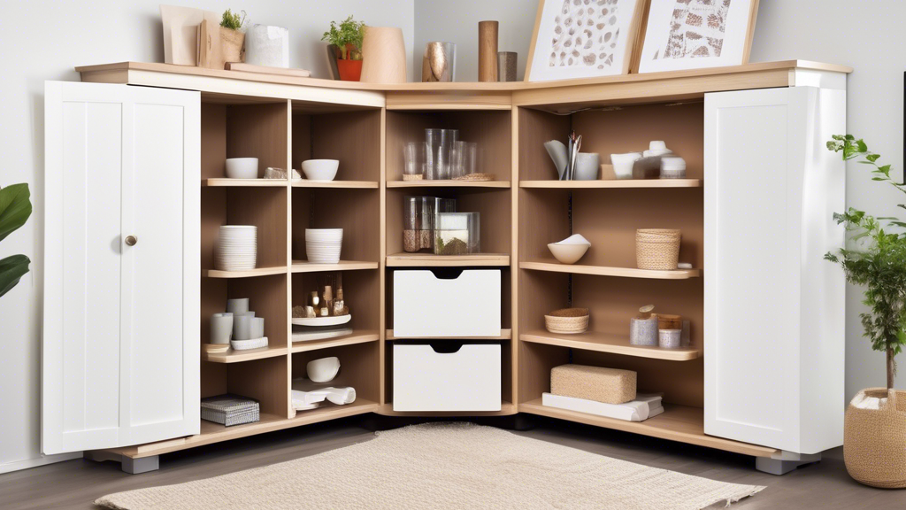 An organized corner cabinet with shelves that extend from the back of the cabinet to the front, making use of all the available vertical space.