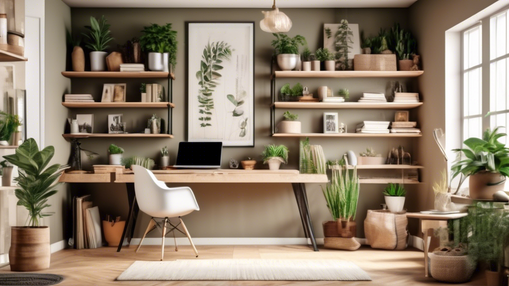 An image of a stylish and functional home office with unique shelving solutions, such as wall-mounted floating shelves, ladder shelves, built-in shelves, or innovative storage units, showcasing a mix of books, plants, and decorative items.