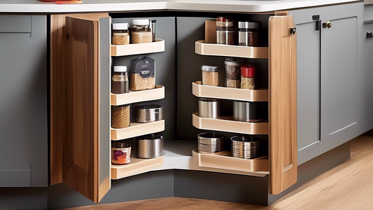 An innovative storage solution for corner cabinets in the kitchen. The cabinet features a rotating carousel that allows easy access to items stored inside. The carousel is designed to maximize storage