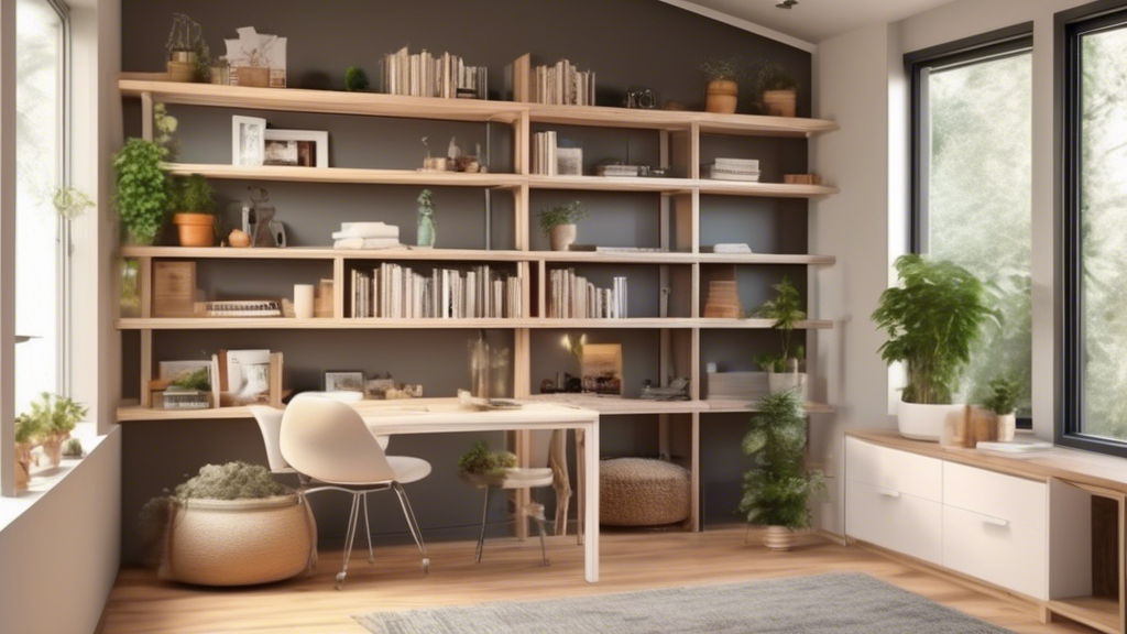 Create an image of a small room in a tiny home with innovative space-saving adjustable shelving. The shelving should be shown in various configurations to demonstrate its adaptability to different needs and room layouts. Include items like books, pla