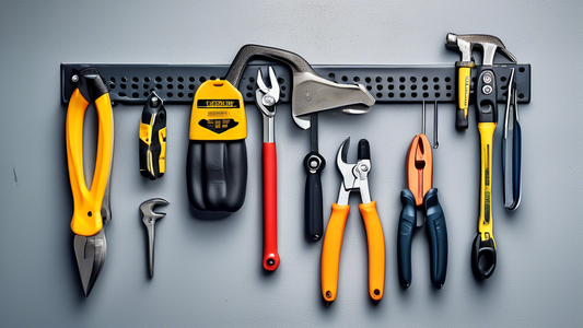 An over-the-door garage tool rack with a variety of tools hanging from it, such as a hammer, wrench, screwdriver, and pliers, against a gray garage wall