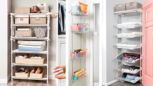 A collage of DIY pull-out shelving solutions for closets, including hanging shelves, wire baskets, and drawer organizers, with clear labels and arrows indicating how they pull out