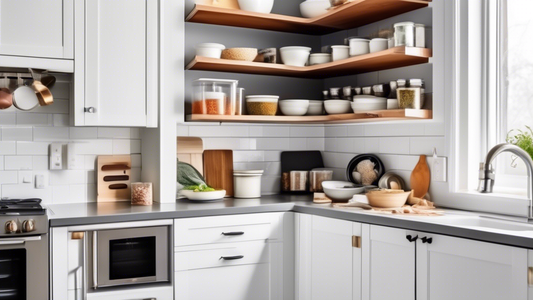 An organized corner cabinet with shelves and drawers, filled with various kitchen items such as pots, pans, dishes, and spices. The cabinet is in a modern kitchen with white cabinets and gray countert
