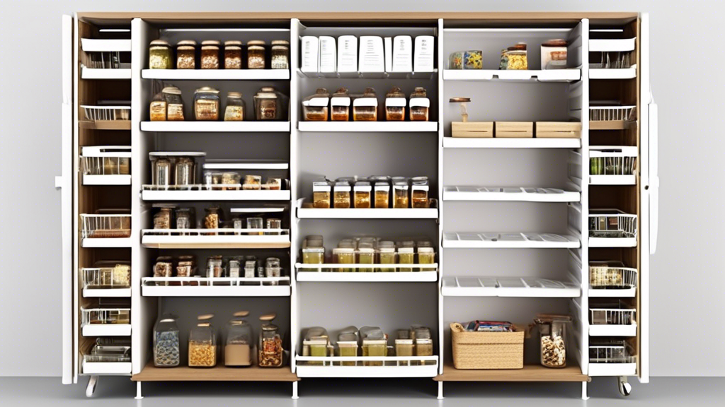 Create an image of a highly efficient and space-saving pantry shelving system, showcasing multiple tiers of adjustable shelves with pull-out baskets and sliding racks to maximize storage capacity in a compact space. The image should feature a sleek a