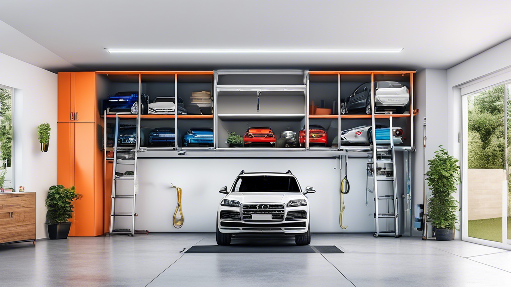 A modern suburban garage with a car lift installed, showcasing the convenience and space-saving benefits of having a lift in a home garage