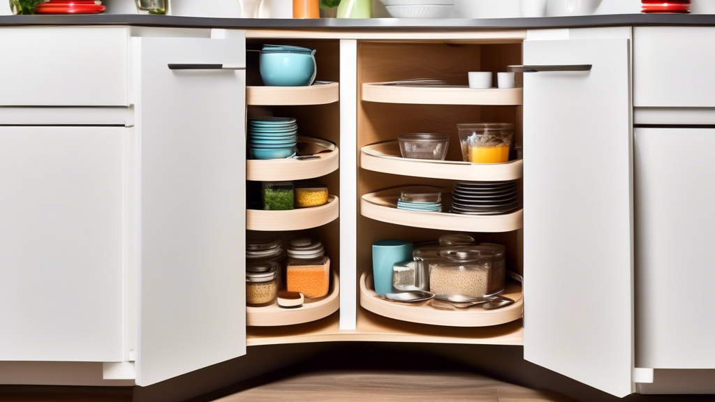 Interior of a corner kitchen cabinet, organized and well-lit, with pull-out shelves and lazy Susan for easy access to items.