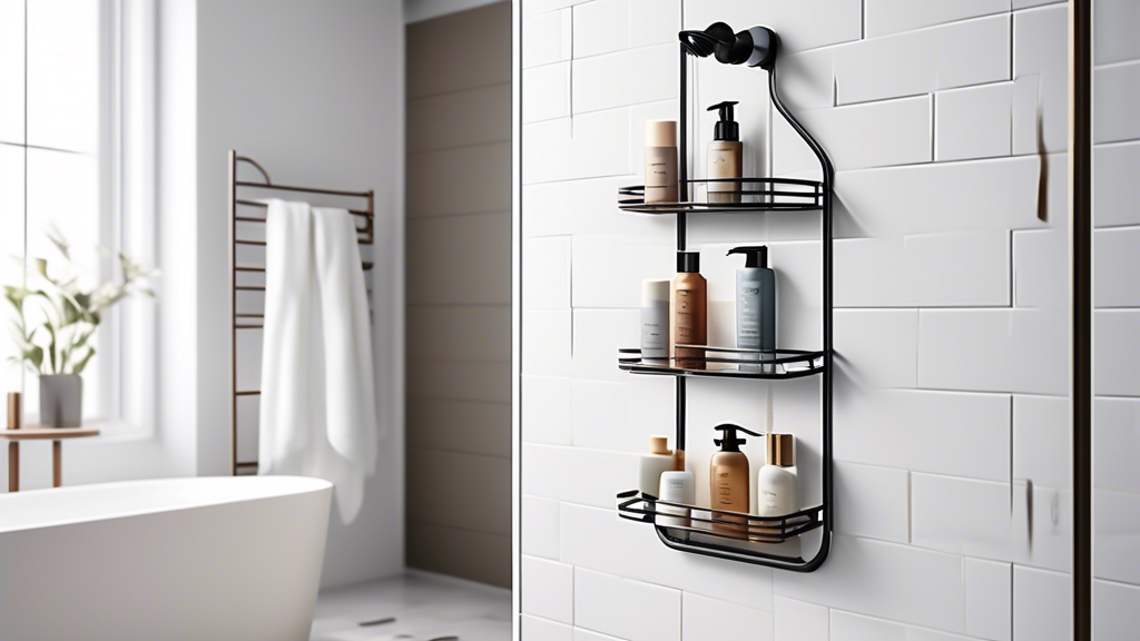 A minimalist over-the-door shower caddy with a sleek design, made of rust-proof material in a modern bathroom setting.
