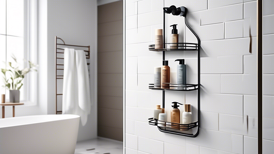 A minimalist over-the-door shower caddy with a sleek design, made of rust-proof material in a modern bathroom setting.