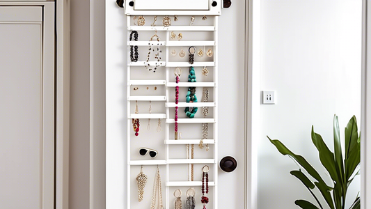An over-the-door jewelry organizer with compartments and sections for necklaces, bracelets, earrings, and rings, in a chic and modern design, hanging on a white door in a bedroom closet