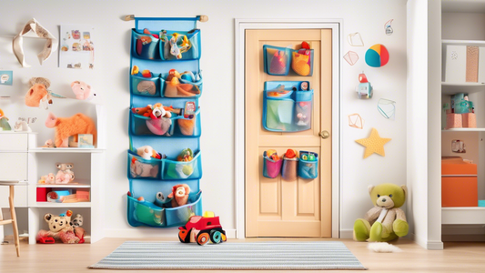 A tidy playroom with an over-the-door mesh pocket organizer filled with a variety of toys and children's items, in a warm and playful style.