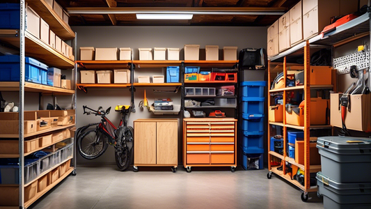 An organized garage interior with various items neatly stored on shelves, racks, and overhead storage systems. The garage roof is lined with sturdy wooden panels and features multiple storage bins, bo