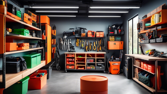 An organized garage interior with innovative storage solutions to conceal clutter, such as hidden compartments within walls, retractable shelves, and suspended ceiling organizers. Clutter is concealed