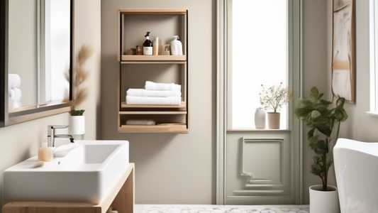 Create an image of a small bathroom with limited space, featuring a cleverly designed DIY shelving unit that fits snugly and efficiently within the room. The shelving unit should be stylish, functional, and specifically tailored for small spaces, sho