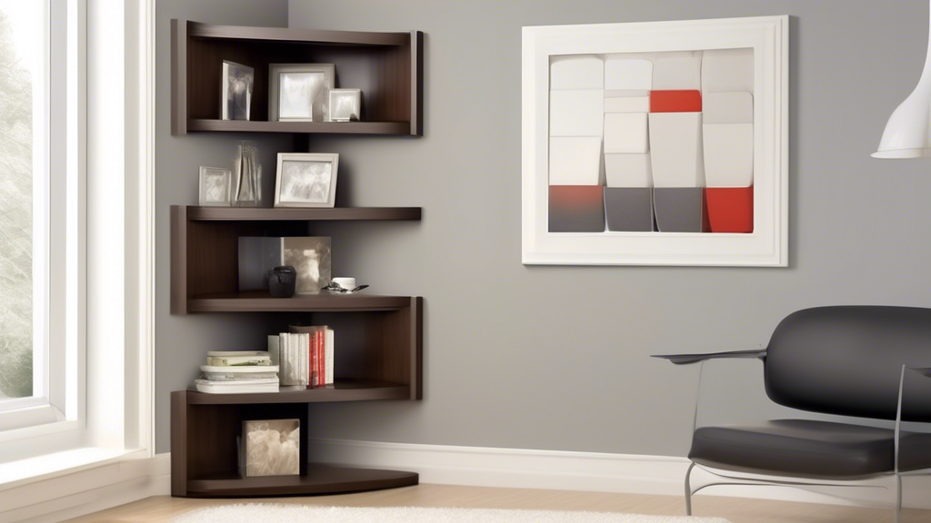 Create an image of a modern and versatile corner shelving unit that showcases several adjustable shelves at various heights and angles. The shelving unit should be designed to fit seamlessly into a corner of a room, maximizing storage space and allow