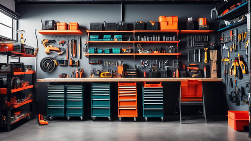 A well-organized garage with shelves, drawers, and pegboards, filled with tools, equipment, and storage containers, with a sleek and modern aesthetic