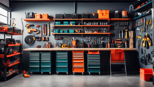 A well-organized garage with shelves, drawers, and pegboards, filled with tools, equipment, and storage containers, with a sleek and modern aesthetic