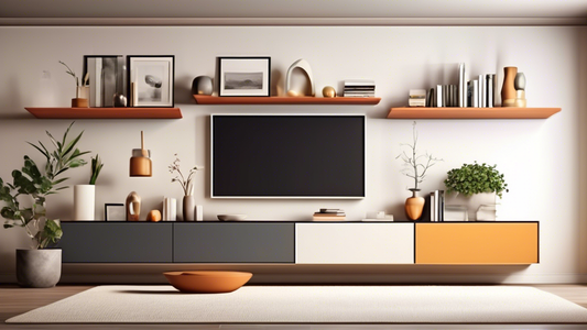 Create an image of a modern, minimalist living room featuring sleek and versatile floating shelves. The shelves should be beautifully styled with a few carefully curated decor items, showcasing how they can elevate the aesthetic of a space while prov