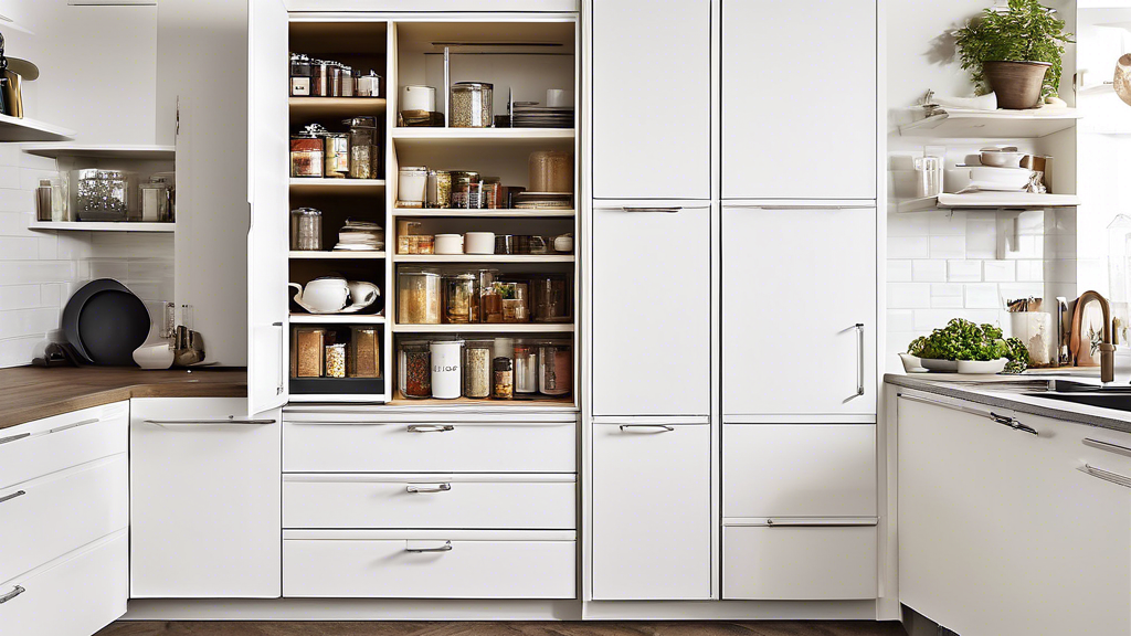 **DALL-E prompt:**

An open corner cabinet with pull-out shelves that can be extended and rotated. The shelves are filled with various kitchen items, such as pots, pans, dishes, and spices. The cabine