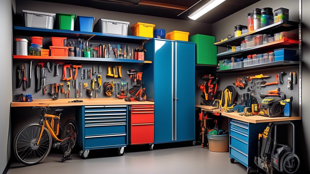 Create an image of a cluttered garage space transformed with adjustable shelving units to showcase the amazing potential of organizing tools and equipment efficiently. The photo should highlight the increased storage capacity and improved organizatio