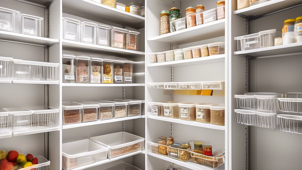 Interior of a pantry with adjustable wire rack shelving. The shelves are lined with clear bins and containers, and the pantry is organized and clutter-free.